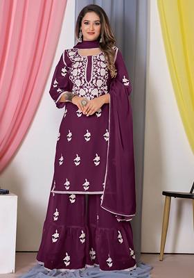 Wine Thread Embroidered Bamber Georgette Kurta Set