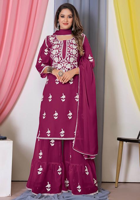 Pink Thread Embroidered Bamber Georgette Kurta Set