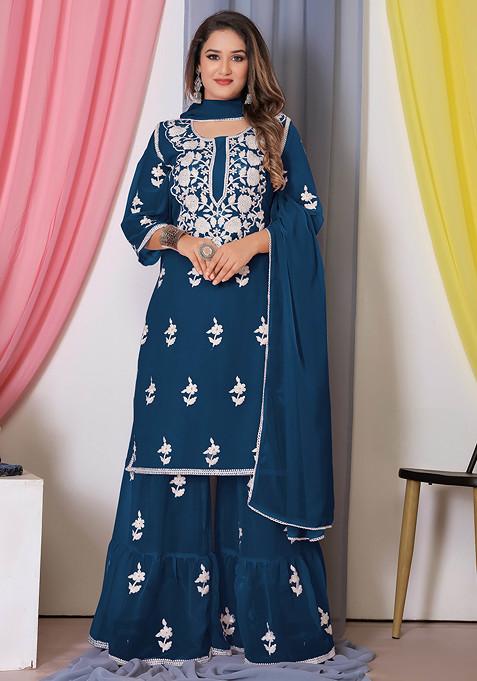 Blue Thread Embroidered Bamber Georgette Kurta Set