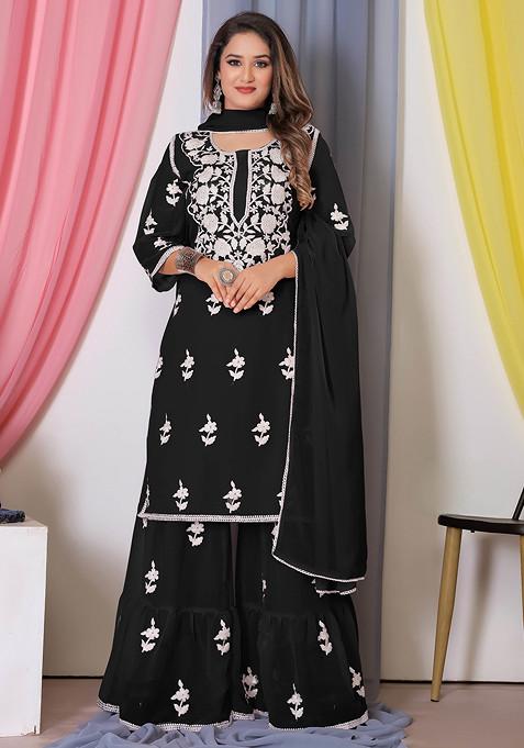 Black Thread Embroidered Bamber Georgette Kurta Set