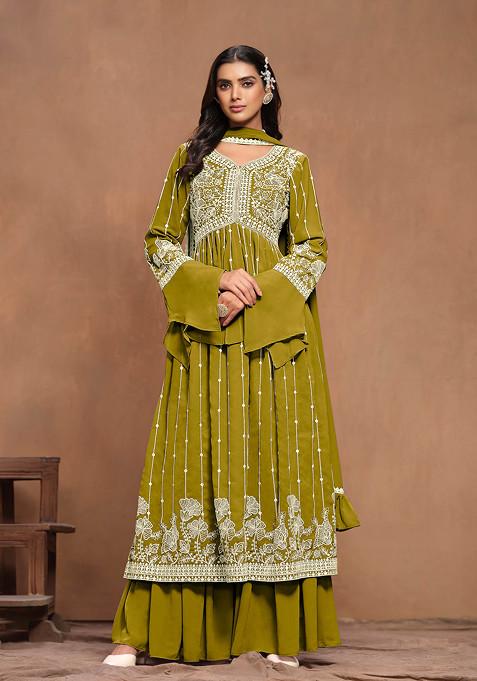 Green Embroidered Faux Georgette Kurta Set