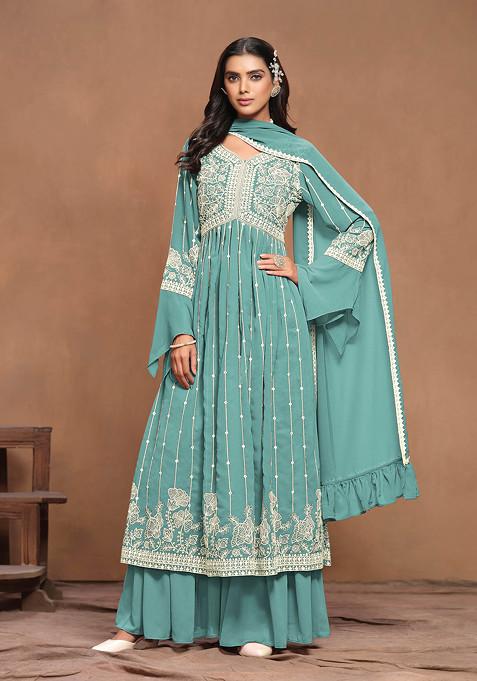 Sky Blue Embroidered Faux Georgette Kurta Set