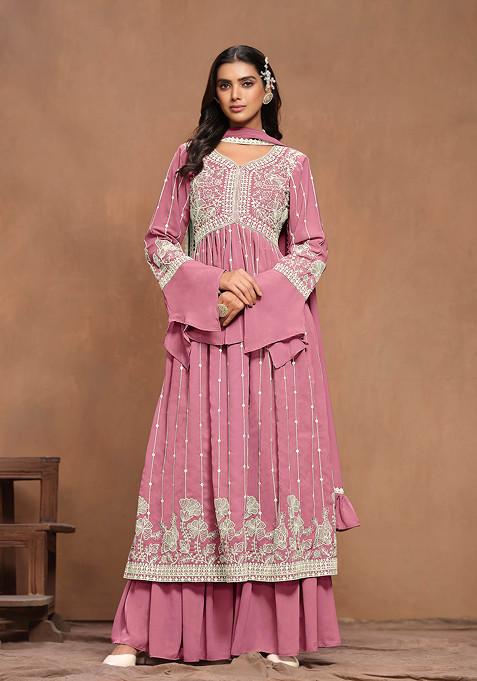 Pink Embroidered Faux Georgette Kurta Set