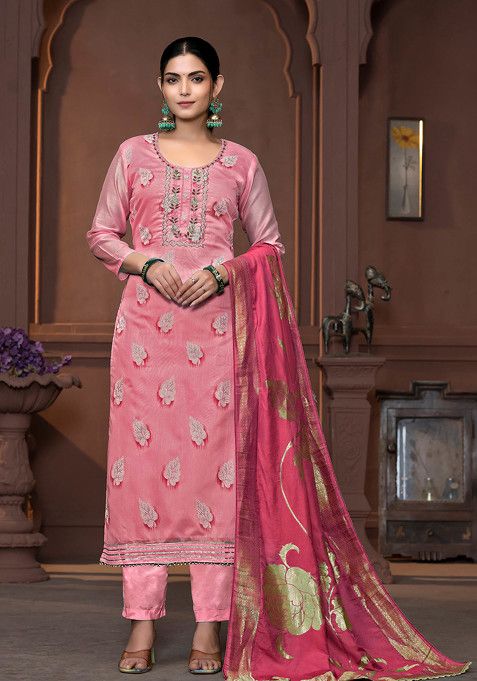 Pink Hand Embroidered Modal Kurta Set