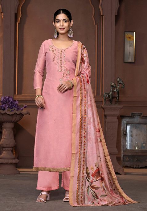 Pink Hand Embroidered Modal Kurta Set