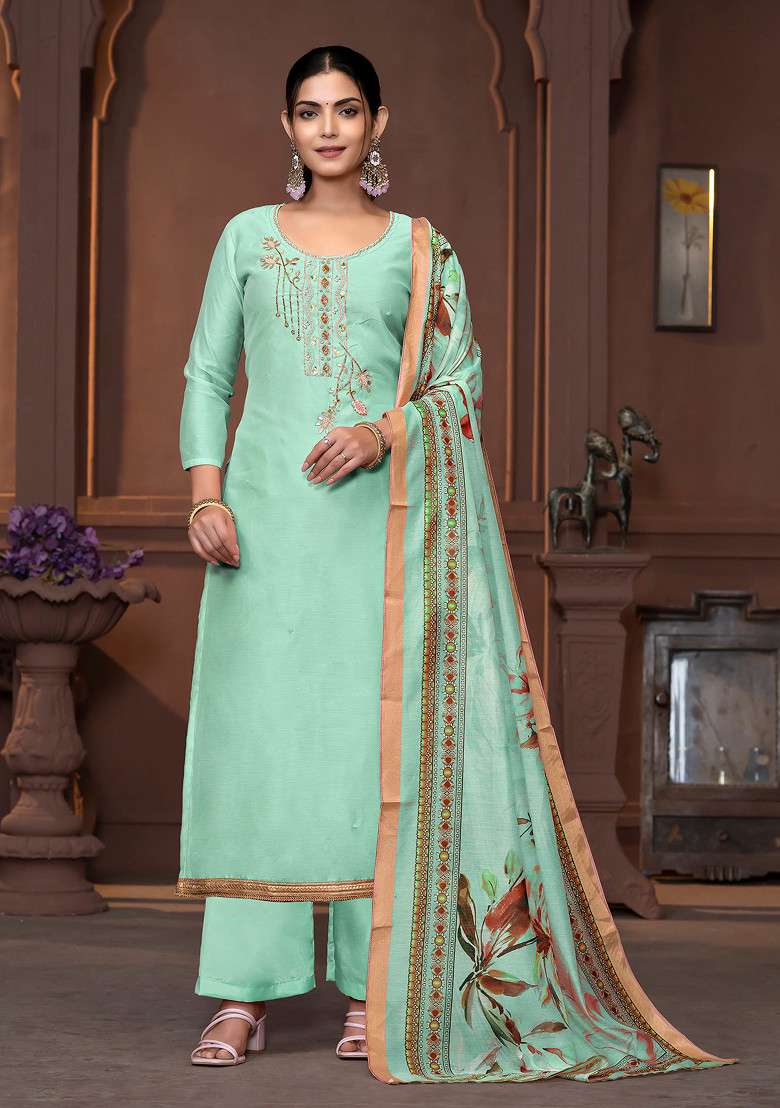 Sea Green Hand Embroidered Modal Kurta Set - Indya
