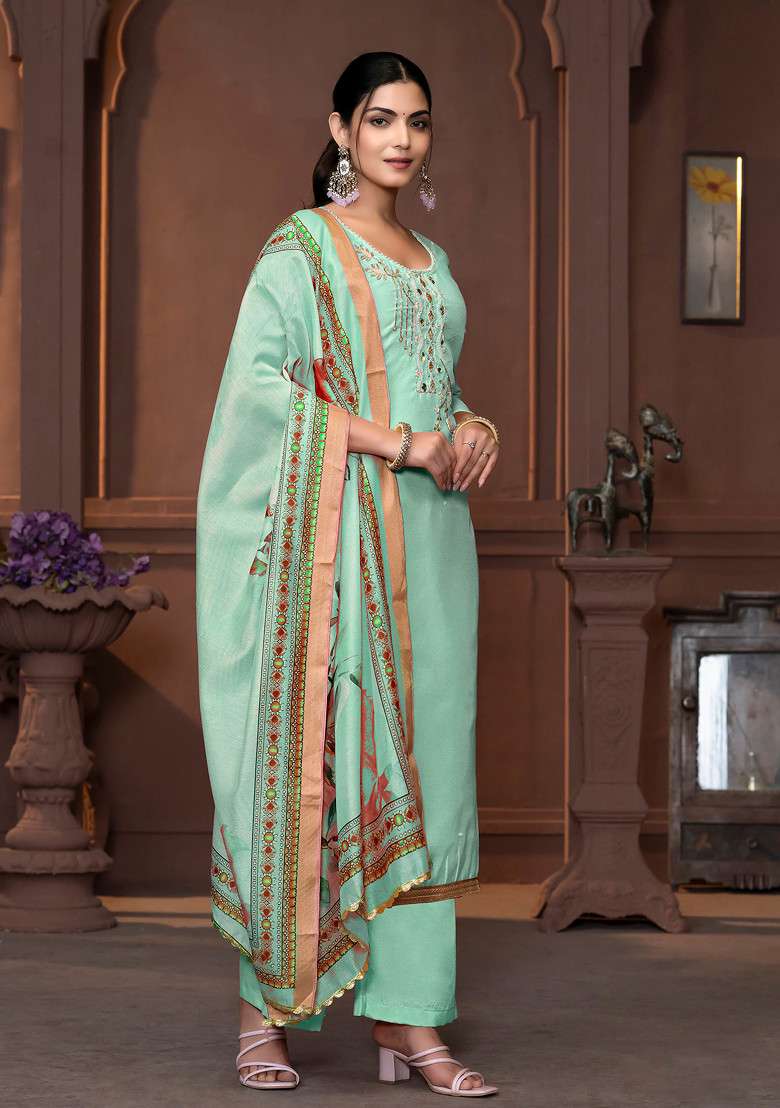 Sea Green Hand Embroidered Modal Kurta Set - Indya