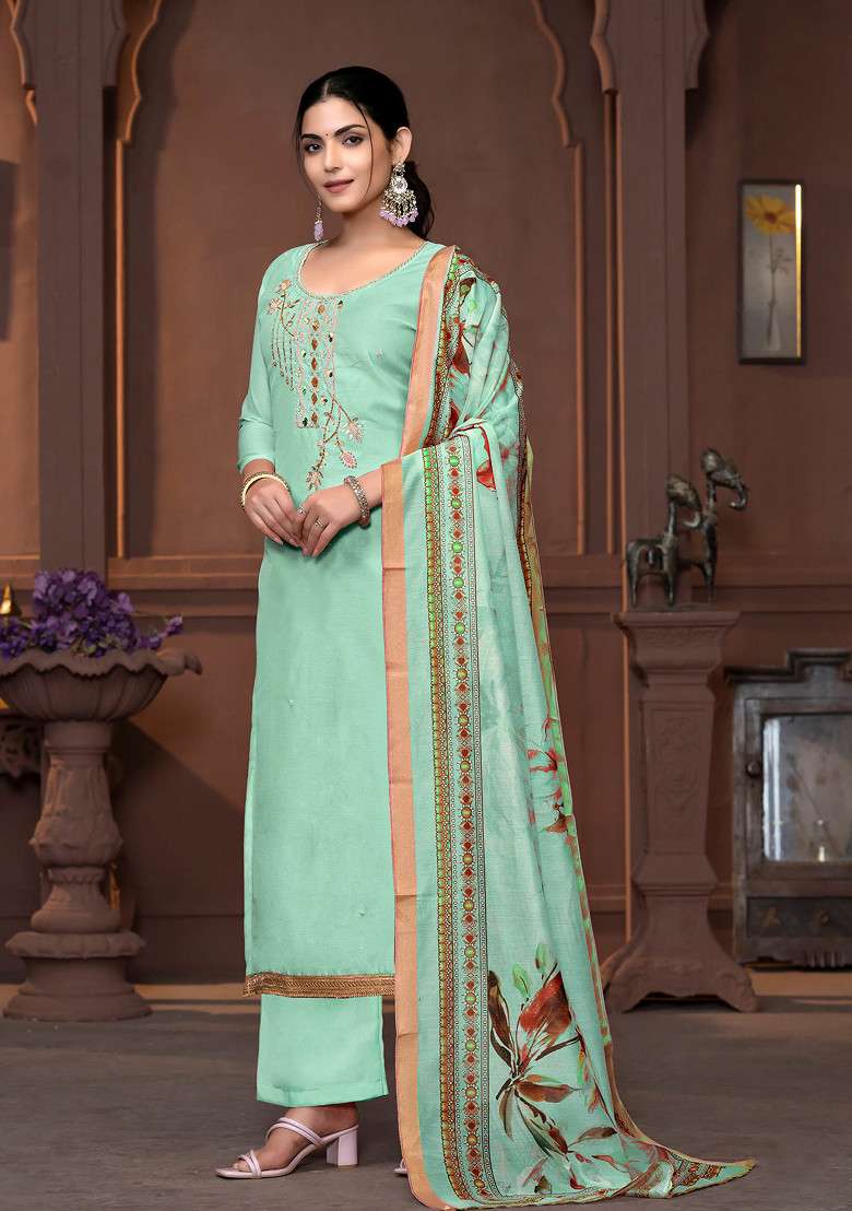 Sea Green Hand Embroidered Modal Kurta Set - Indya