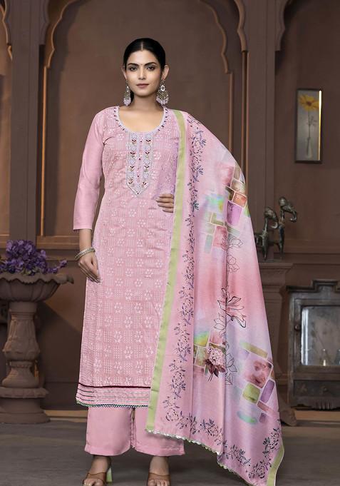 Pink Hand Embroidered Modal Kurta Set