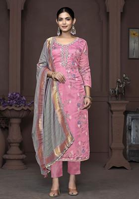 Pink Hand Embroidered Banarasi Organza Kurta Set