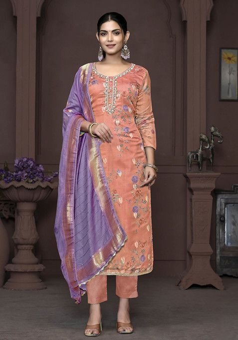 Rust Hand Embroidered Banarasi Organza Kurta Set