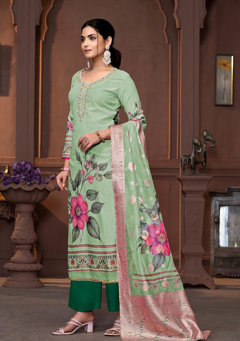 Green Hand Embroidered Cambric Cotton Kurta Set - Indya