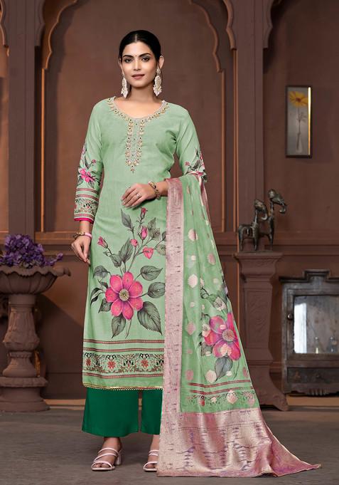 Green Hand Embroidered Cambric Cotton Kurta Set