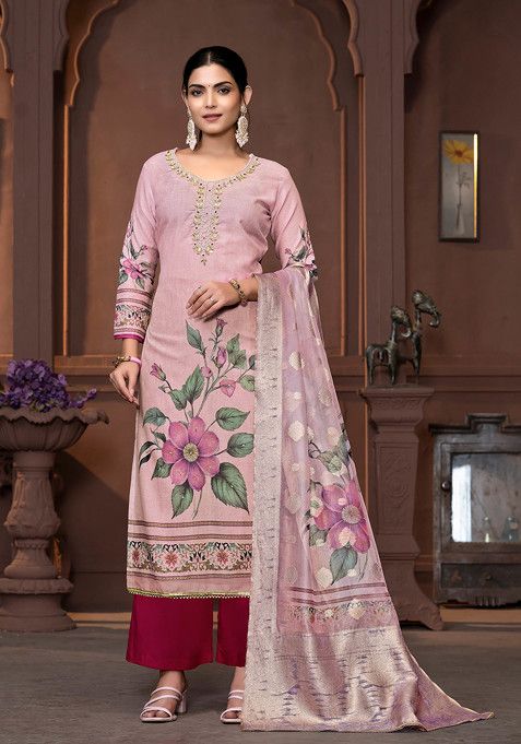 Pink Hand Embroidered Cambric Cotton Kurta Set