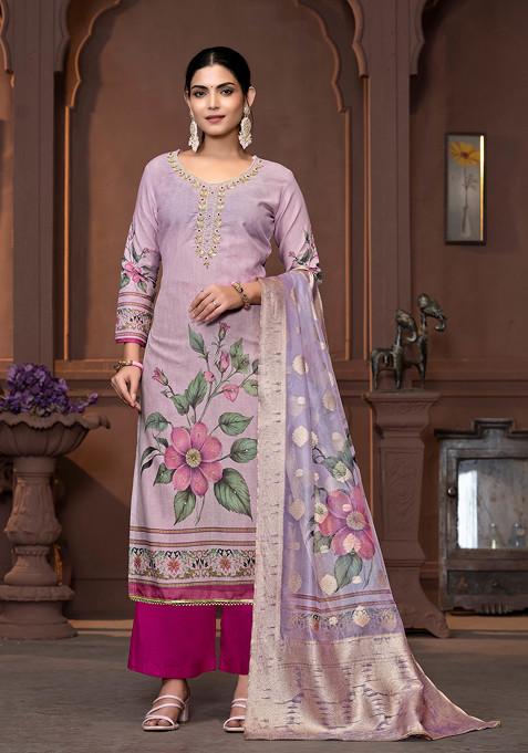 Purple Hand Embroidered Cambric Cotton Kurta Set