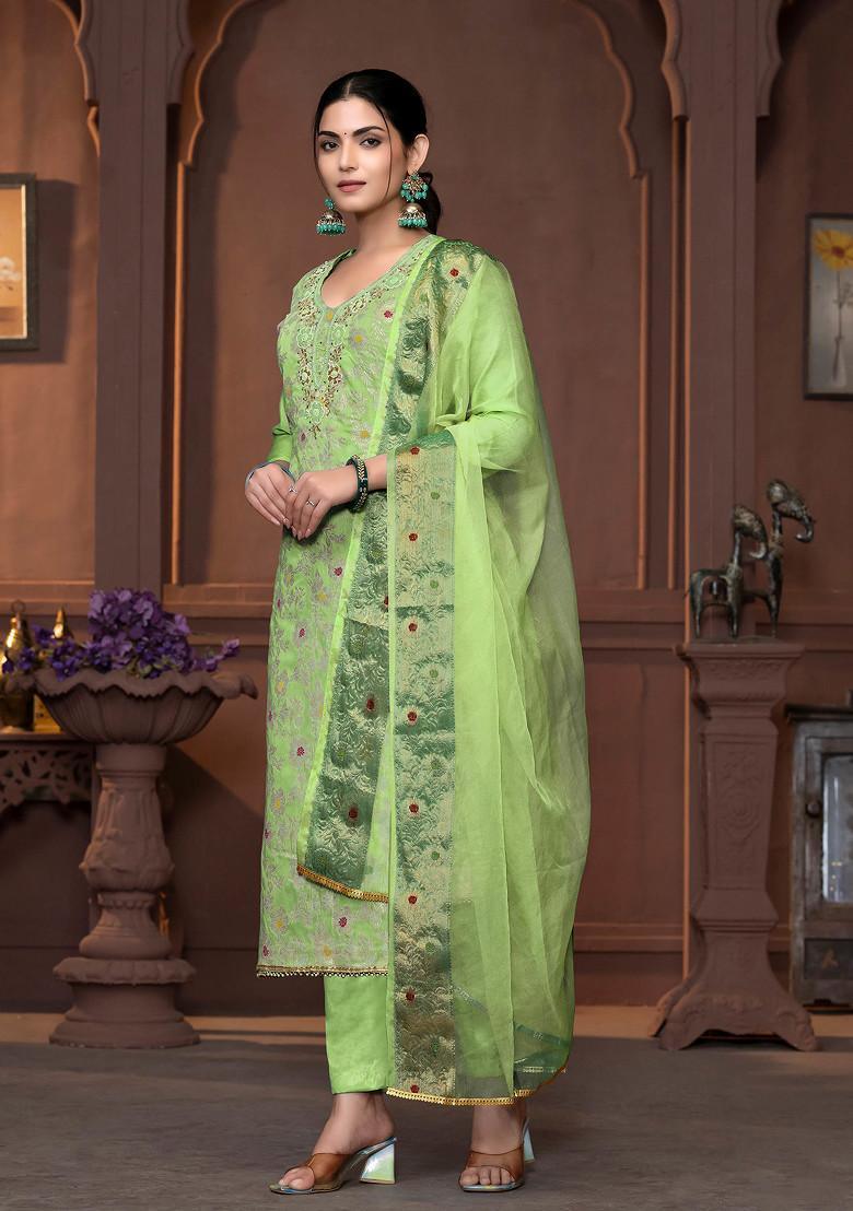 Green Hand Embroidered Muslin Cotton Kurta Set - Indya
