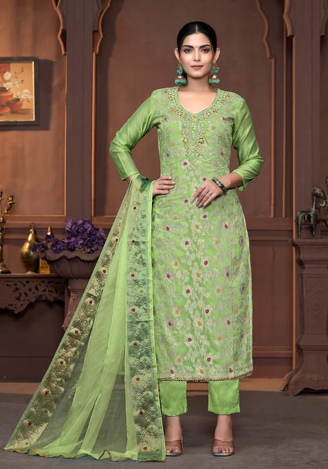 Green Hand Embroidered Muslin Cotton Kurta Set