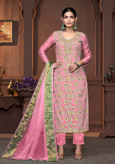 Pink Hand Embroidered Muslin Cotton Kurta Set