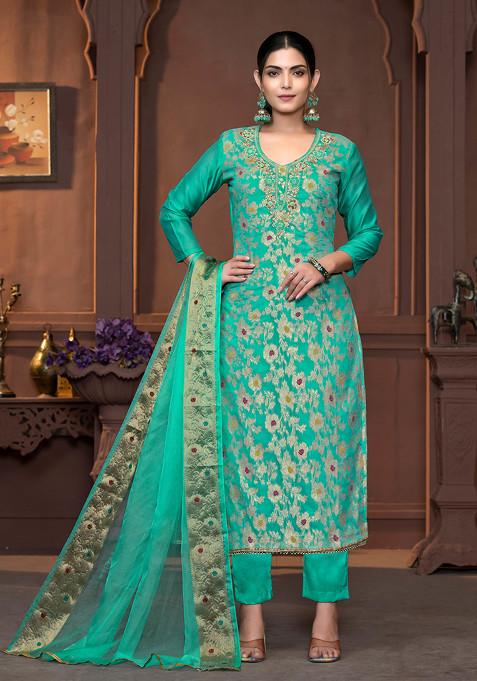 Sea Green Hand Embroidered Muslin Cotton Kurta Set