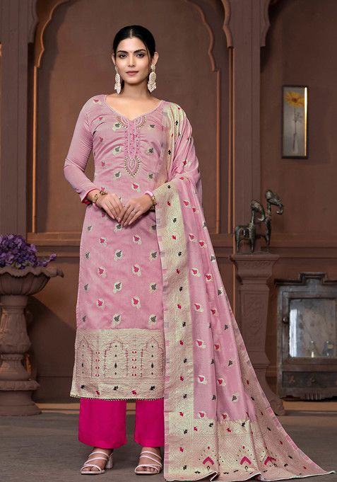 Pink Hand Embroidered Muslin Kurta Set