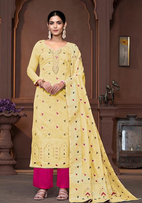 Yellow Hand Embroidered Muslin Kurta Set