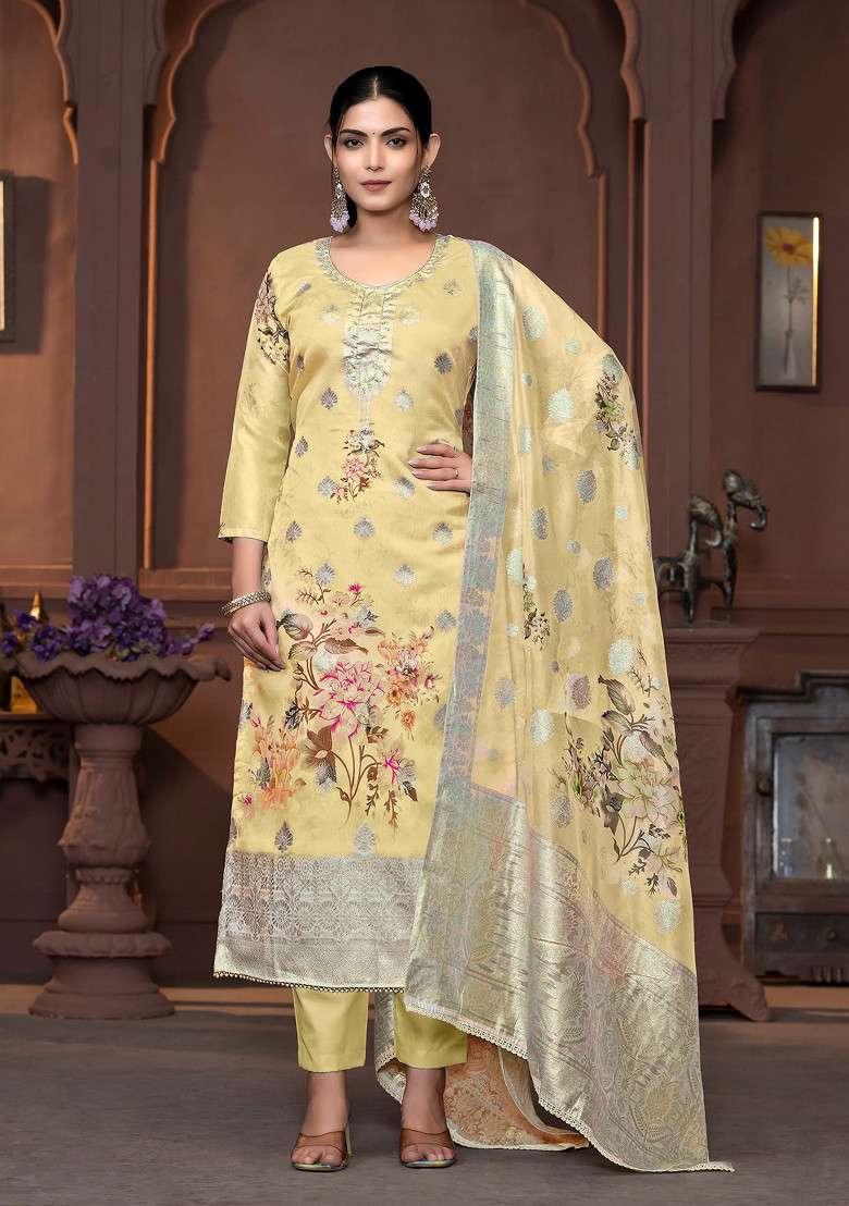 Yellow Hand Embroidered Viscose Organza Kurta Set - Indya