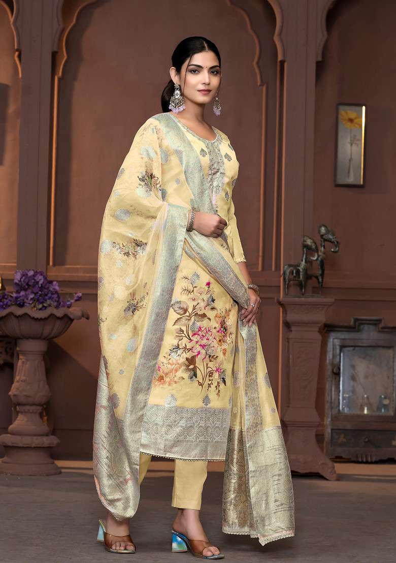 Yellow Hand Embroidered Viscose Organza Kurta Set - Indya