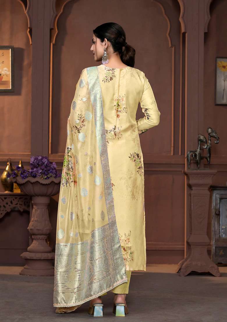 Yellow Hand Embroidered Viscose Organza Kurta Set - Indya