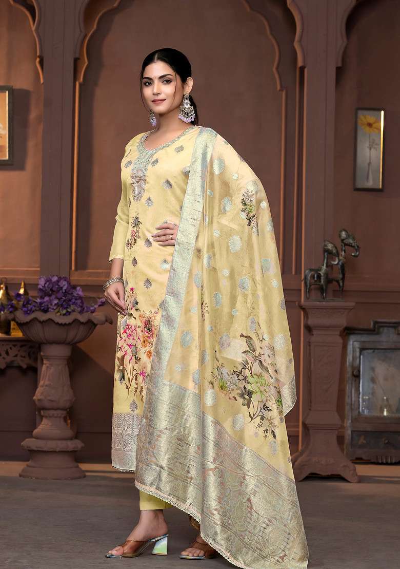 Yellow Hand Embroidered Viscose Organza Kurta Set - Indya