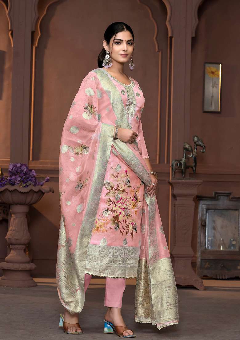 Peach Hand Embroidered Viscose Organza Kurta Set - Indya
