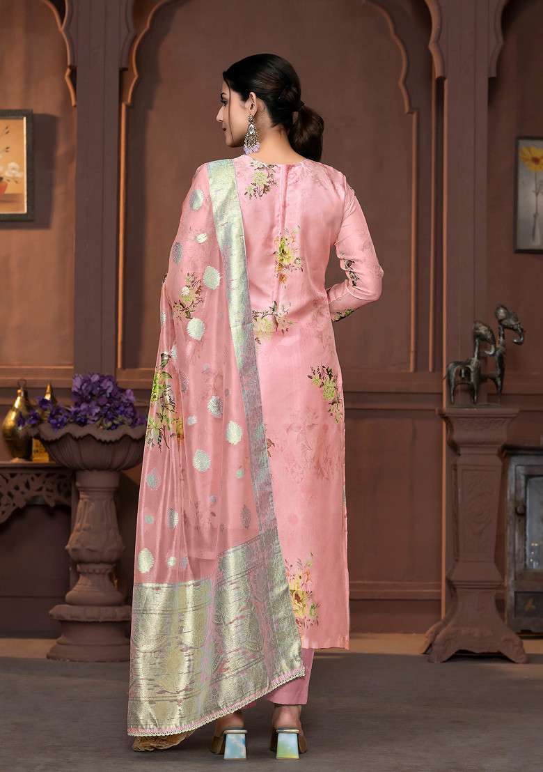 Peach Hand Embroidered Viscose Organza Kurta Set - Indya