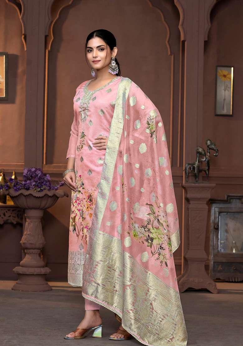 Peach Hand Embroidered Viscose Organza Kurta Set - Indya
