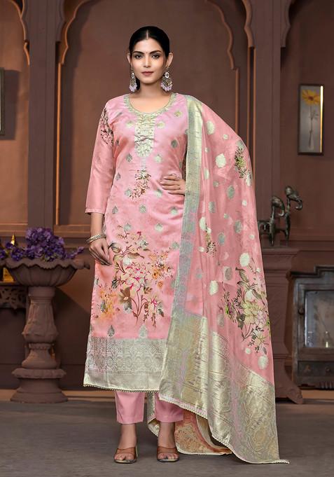 Peach Hand Embroidered Viscose Organza Kurta Set