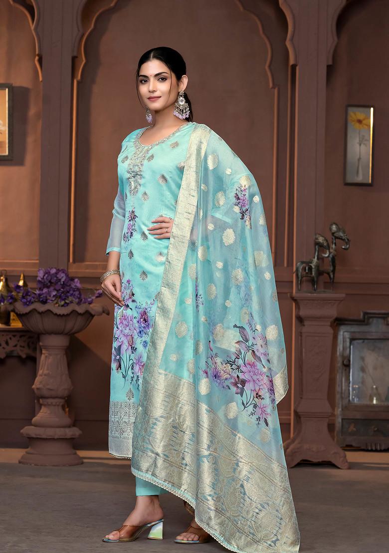 Blue Hand Embroidered Viscose Organza Kurta Set
