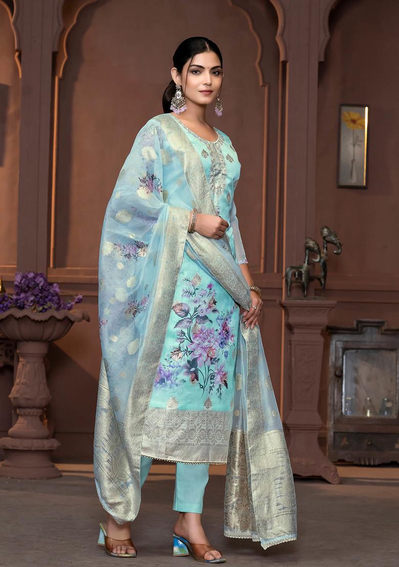 Blue Hand Embroidered Viscose Organza Kurta Set