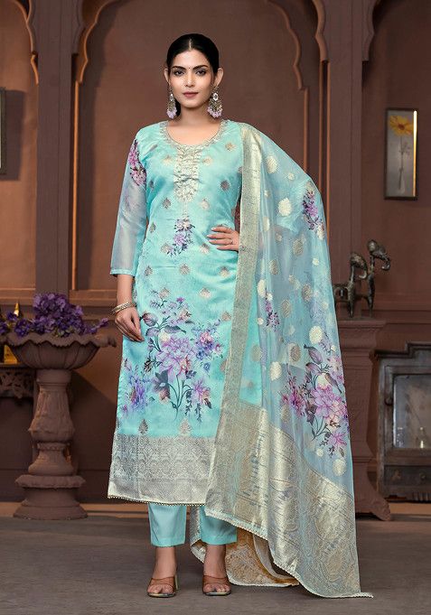 Blue Hand Embroidered Viscose Organza Kurta Set