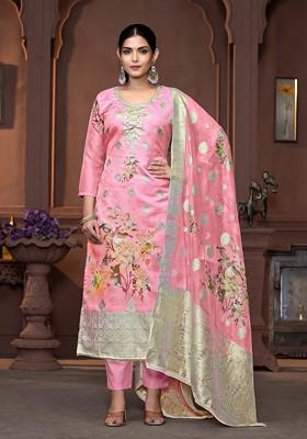 Pink Hand Embroidered Viscose Organza Kurta Set