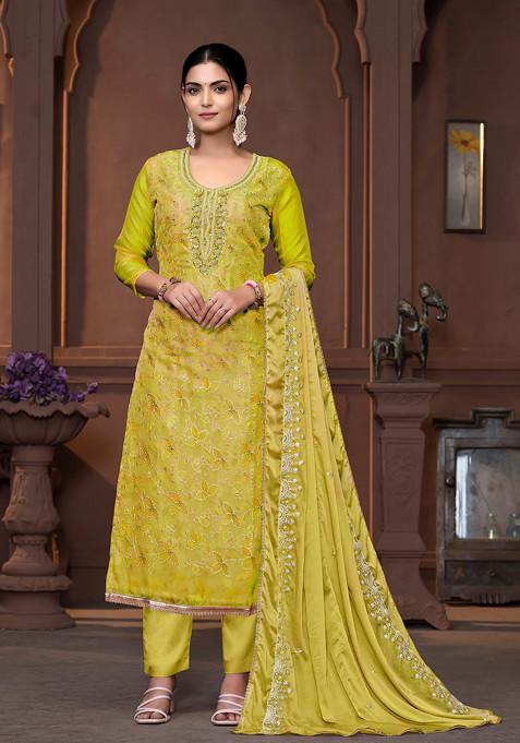 Lime Green Embroidered Viscose Organza Kurta Set