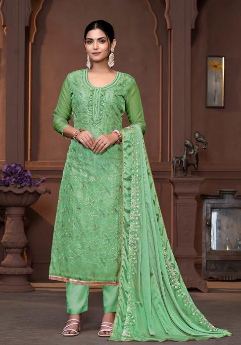 Green Embroidered Viscose Organza Kurta Set