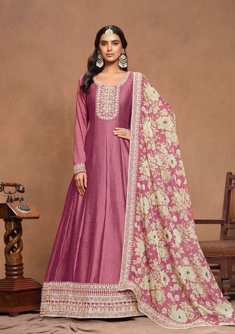 Pink Embroidered Art Silk Kurta Set - Indya