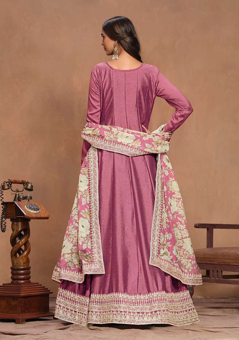 Pink Embroidered Art Silk Kurta Set - Indya