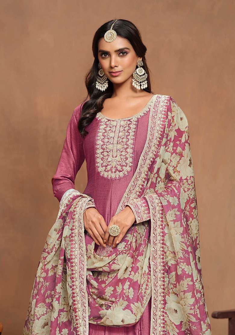 Pink Embroidered Art Silk Kurta Set - Indya