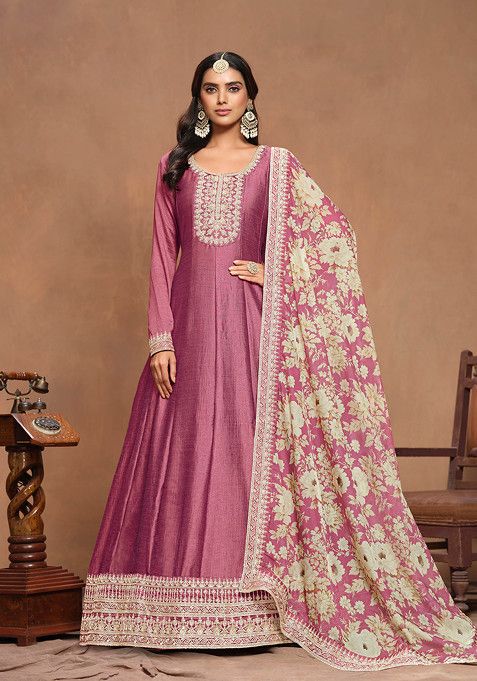 Pink Embroidered Art Silk Kurta Set