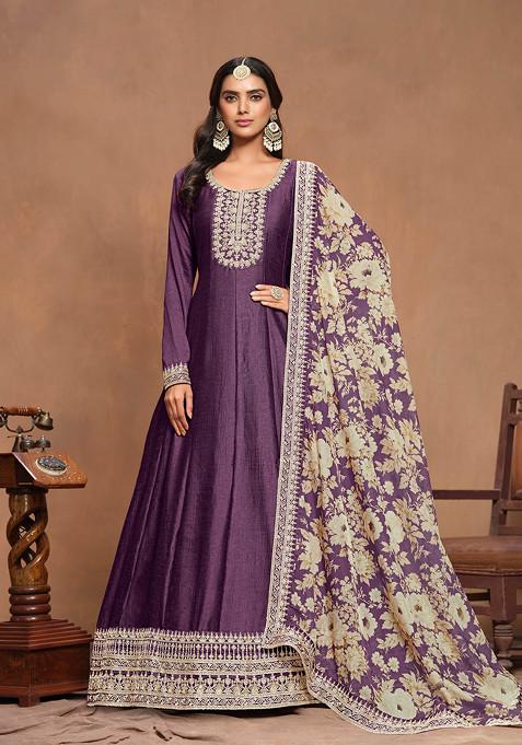 Lavender Embroidered Art Silk Kurta Set