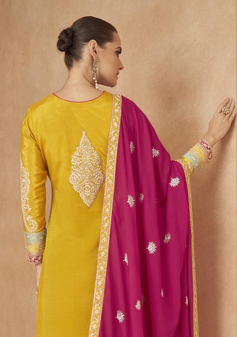 Yellow Embroidered Chinon Kurta Set