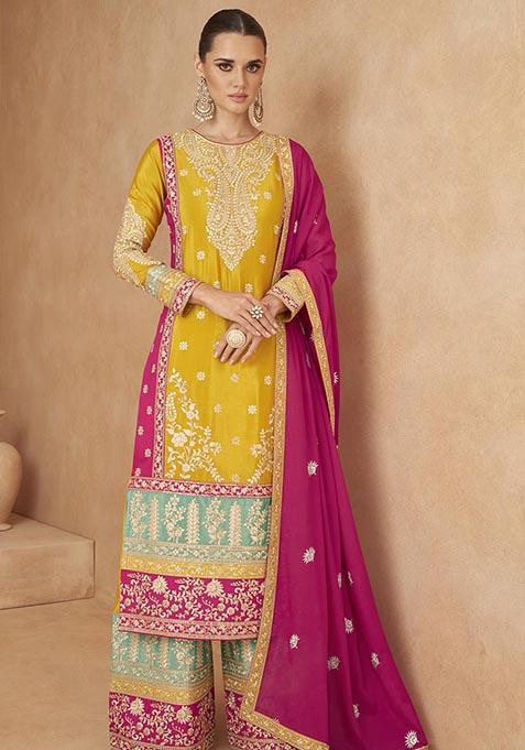 Yellow Embroidered Chinon Kurta Set