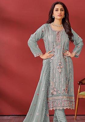 Green Embroidered Organza Kurta Set