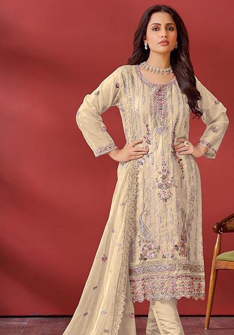 Cream Embroidered Organza Kurta Set