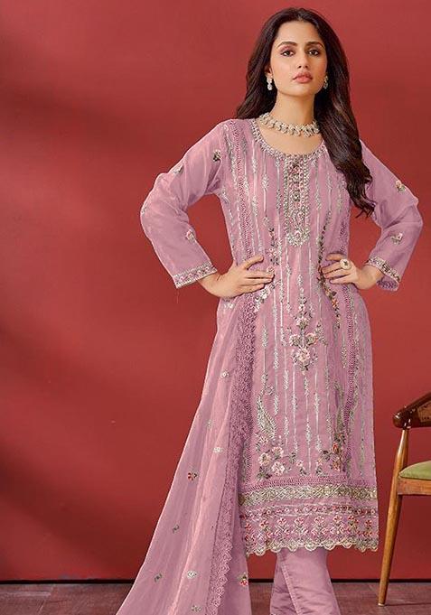 Pink Embroidered Organza Kurta Set