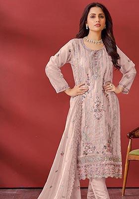 Beige Embroidered Organza Kurta Set